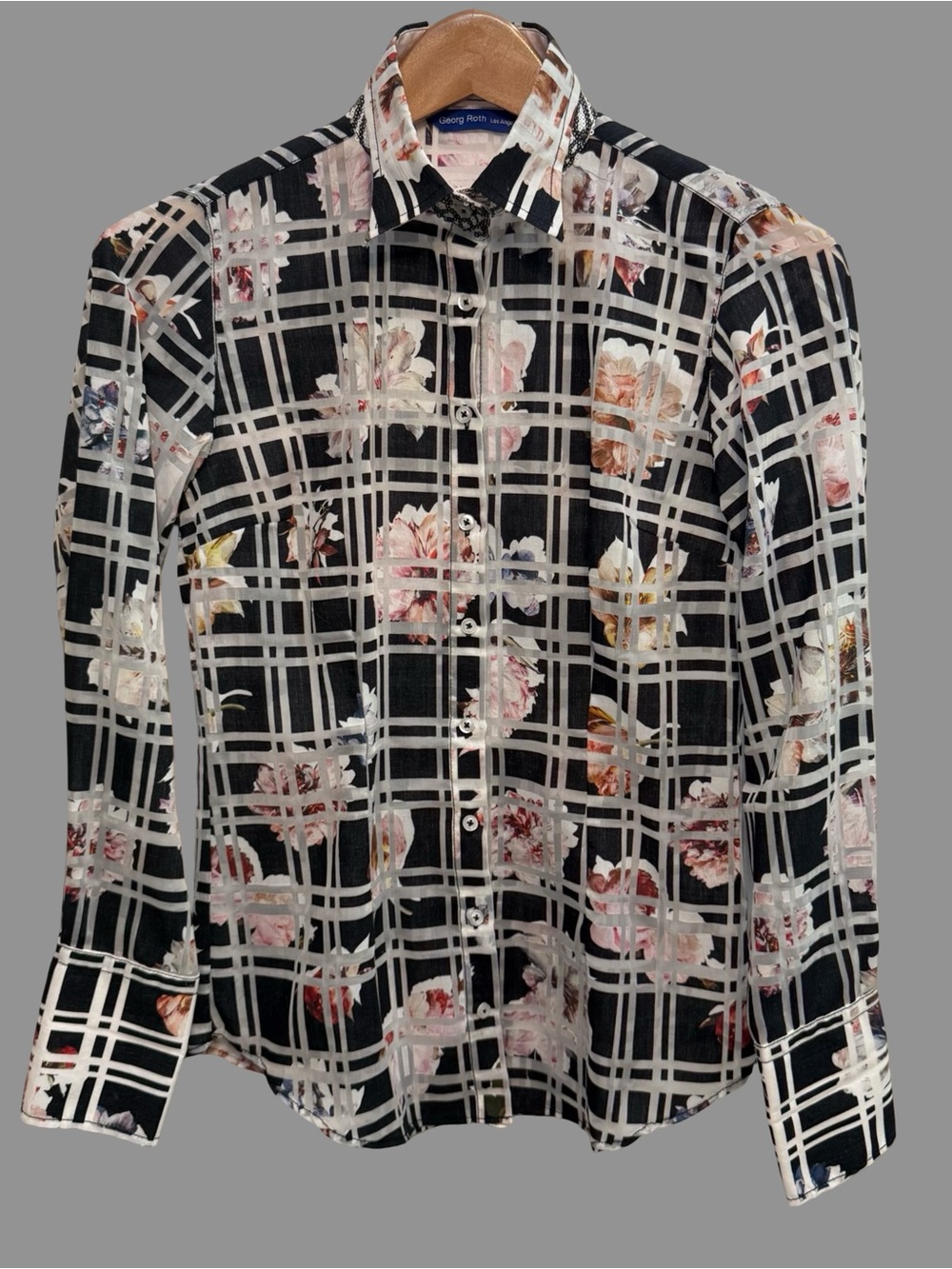Georg Roth Los Angeles Floral Plaid Sheer Button Down Shirt XXS
